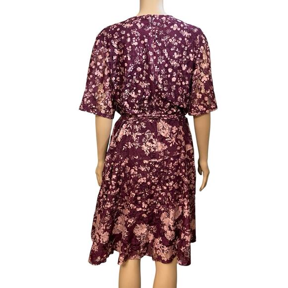 Lane Bryant Lace Faux Wrap Dress 14 Flared Floral Flutter Sleeve Belted Purple - Picture 6 of 11